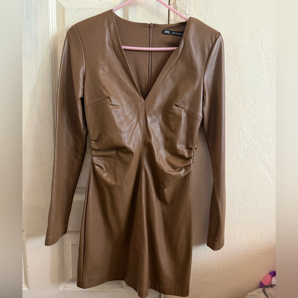 Zara Brown Faux Leather Mini Dress with V-Neck